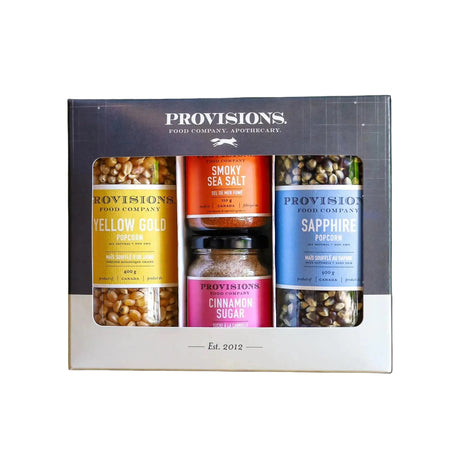 Provisions Food Company gift box featuring four jars of gourmet seasoning and popcorn.