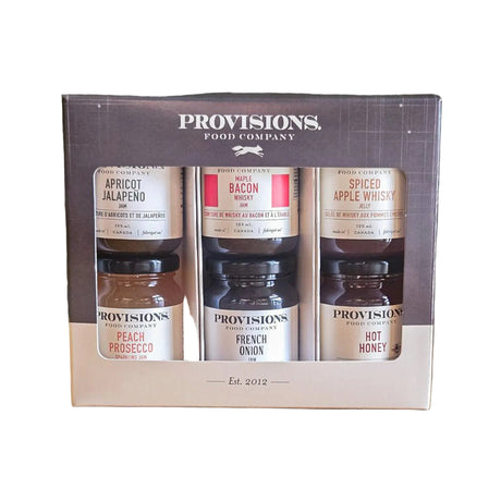 Provisions Food Company gift set containing 6 jars of flavoured jams, displayed in a branded box.